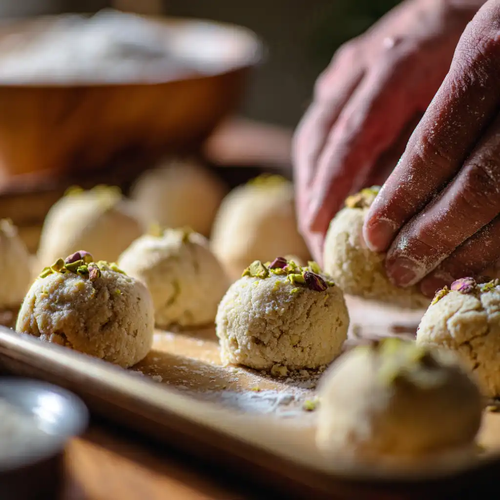 Rolling dough for vegan pistachio rose snowball cookies
