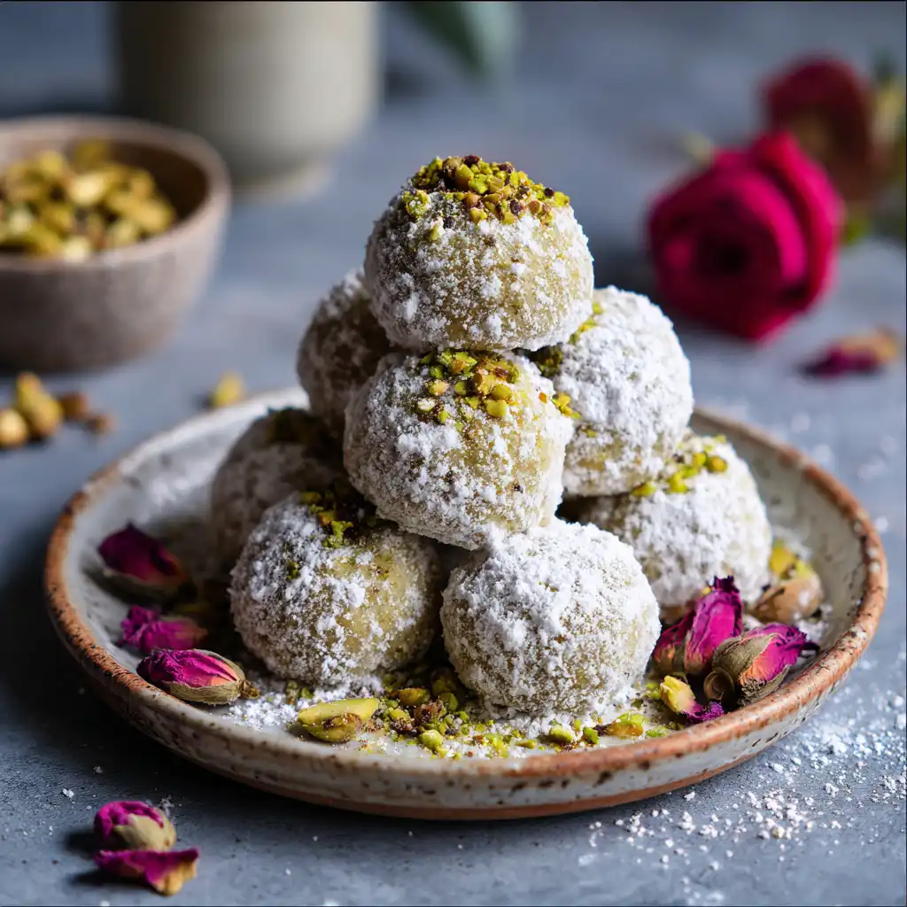Served vegan pistachio rose snowball cookies on plate