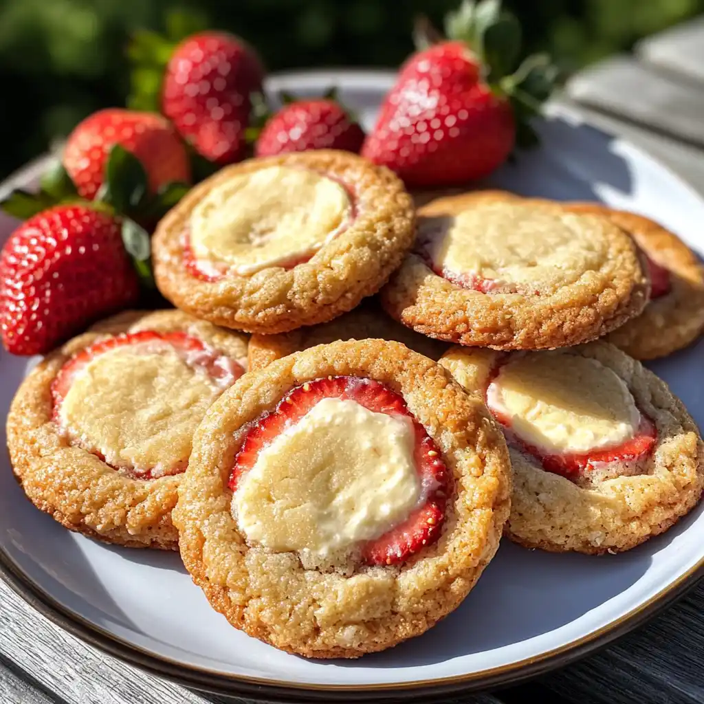 Plate of Strawberry Cheesecake Cookies served with fresh strawberries.