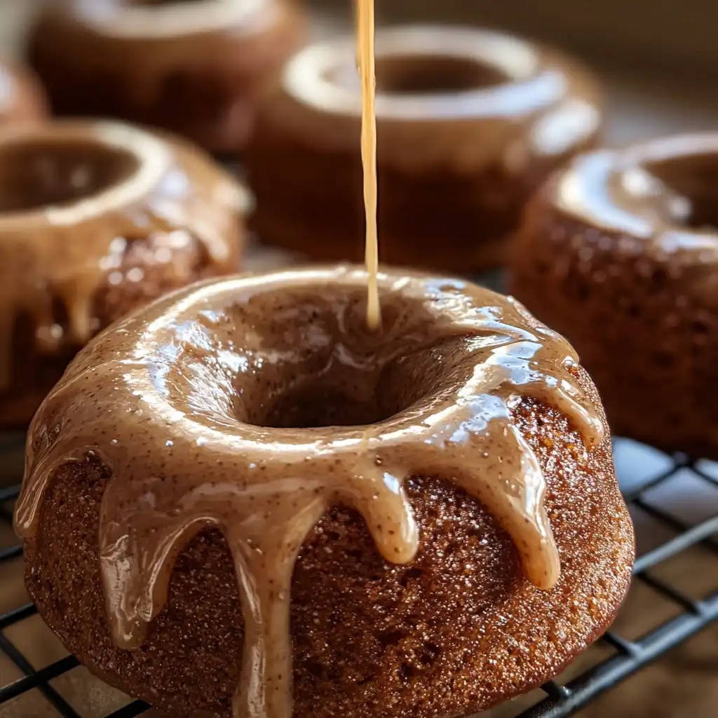 Dipping a vegan gingerbread chai baked donut into chai glaze.