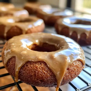 Vegan Gingerbread Chai Baked Donuts topped with warm chai glaze on a cooling rack.