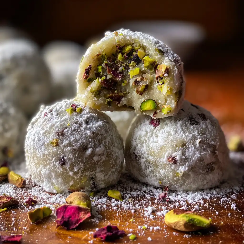 Vegan Pistachio Rose Snowball Cookies on plate with powdered sugar