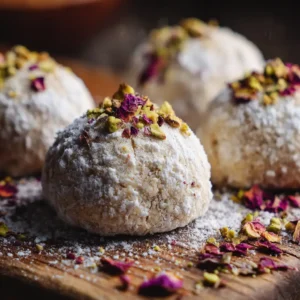Vegan Pistachio Rose Snowball Cookies coated in powdered sugar on a cozy dessert plate