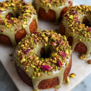 soft vegan pistachio tahini donuts with glaze and crushed pistachios