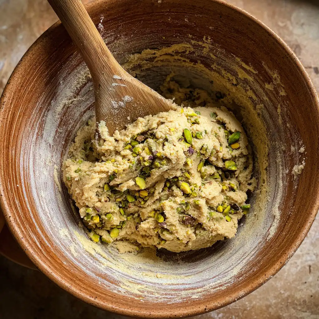 mixing vegan pistachio tahini holiday cookies dough in bowl