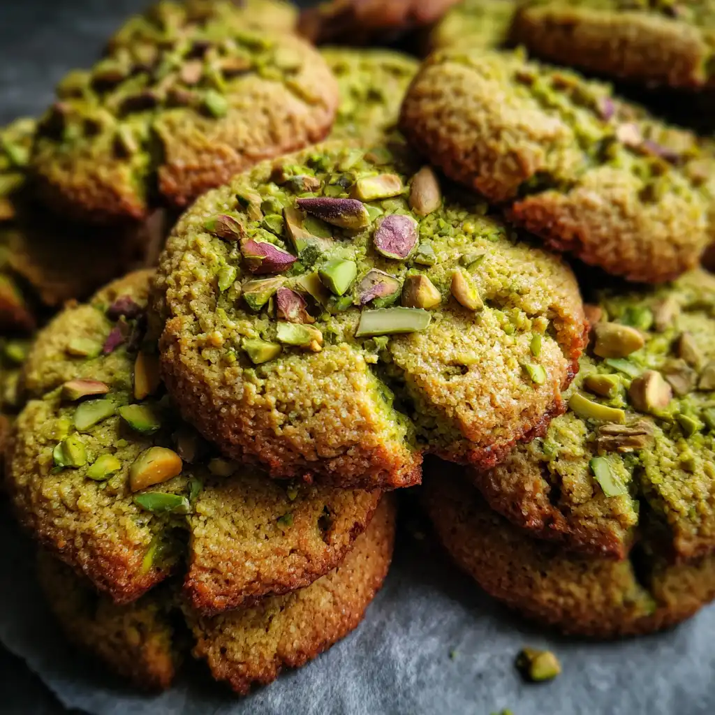 vegan pistachio tahini holiday cookies on baking sheet with pistachio pieces