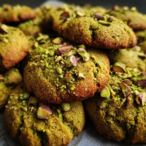 vegan pistachio tahini holiday cookies with chopped pistachios on a baking sheet