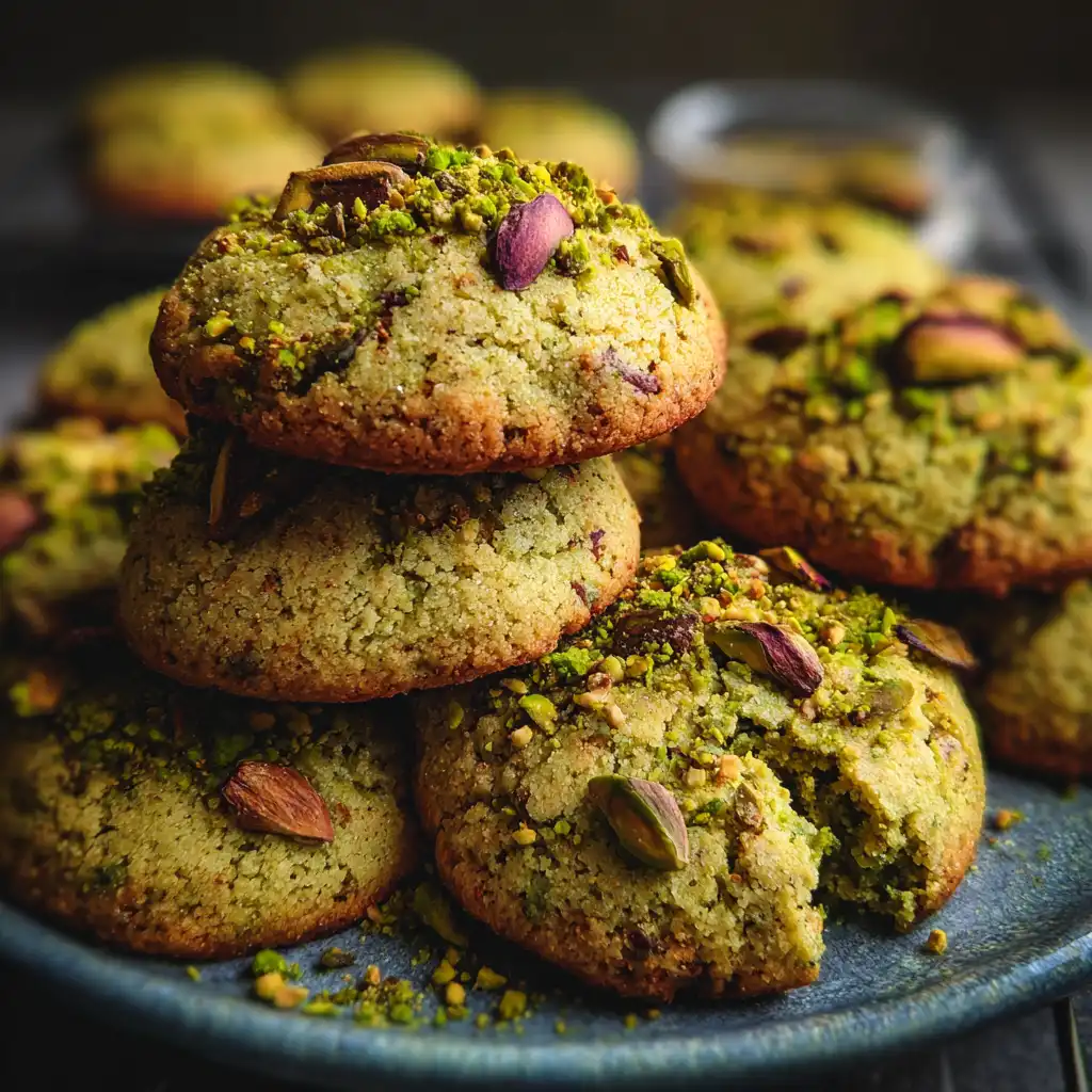 finished vegan pistachio tahini holiday cookies on ceramic plate