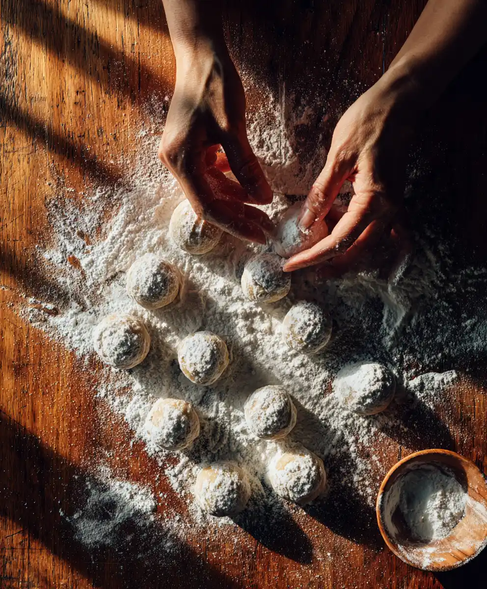 rolling vegan lemon crinkle cookie dough in powdered sugar