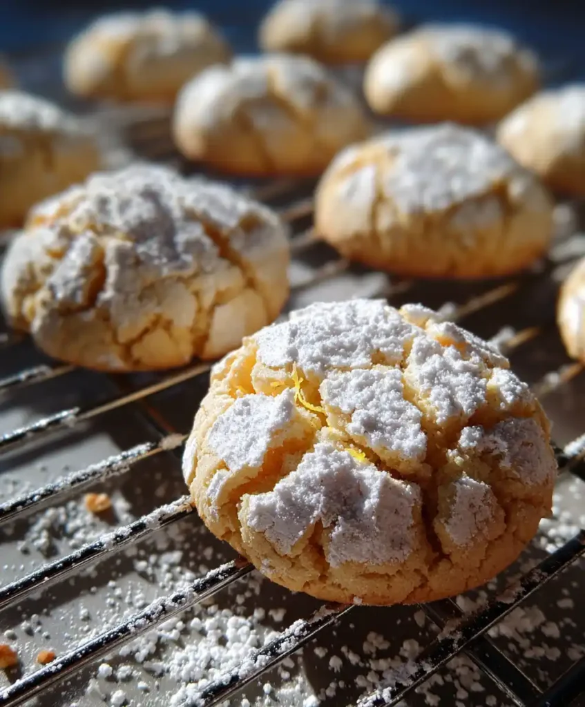 vegan lemon crinkle cookies cooling on a rack